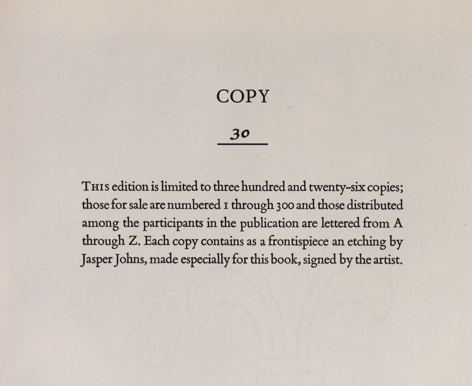 Jasper John (1930-) Illustrator - Stevens, Wallace (1879-1955) - Poems, with introduction by Helen Vendler, number 30 of 300 illustrated with an original etching with aquatint frontispiece, signed in pencil by Jasper Joh